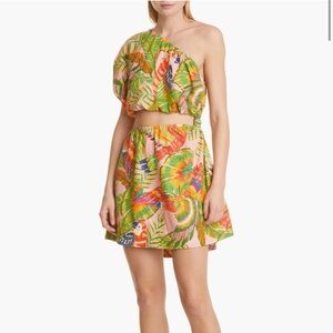 NWT FARM Rio Macaw Leaves Cutout Linen Blend Dress - Pink, Green, Orange